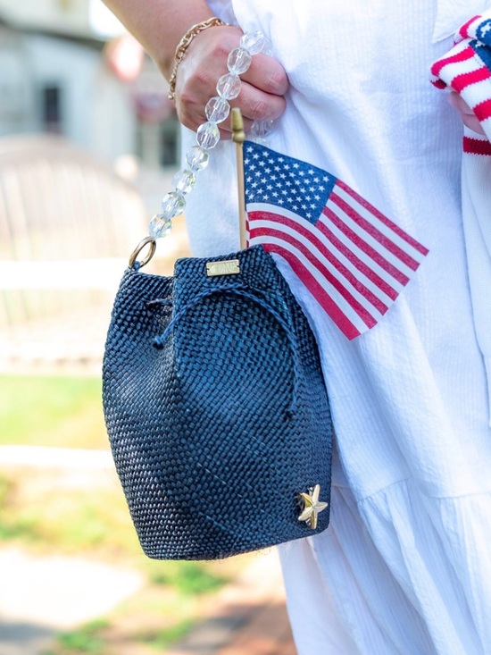Holly Shae Handbags - Holly Shae Woven Blue Bucket Bag Crystal Bead Handle Like New